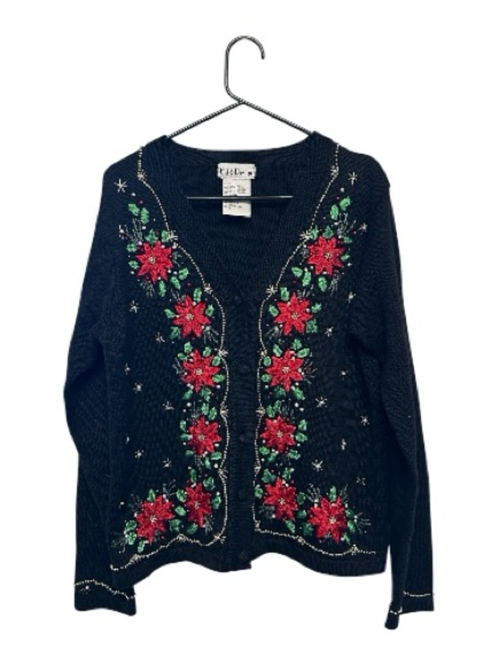 Vintage 90’s/Y2K B.P. Designs Black Cardigan with Red Floral Embroidery Small